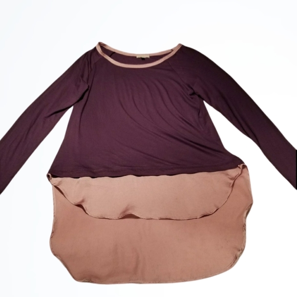 Bordeaux Plum Rose Hi Low Varied Material Long Sleeve Blouse Size M Bust 42 Inch - Picture 1 of 5